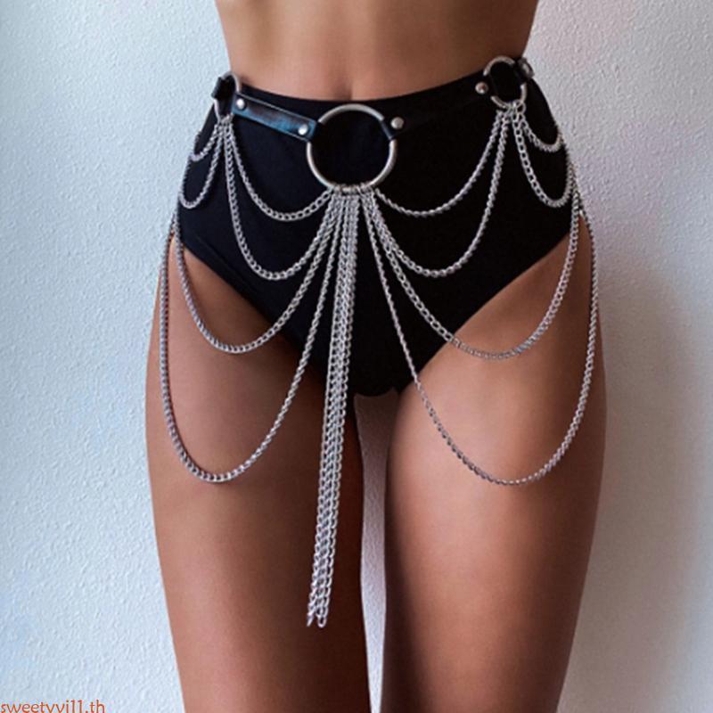 Sweetyvi1 กางเกงสําหรับผู้หญิงผู้ชายพู่ยาวหลายชั้นเอว Chain HipHop Punk Jean Chain ผู้หญิงฤดูร้อนบิก