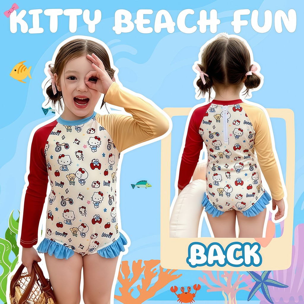 BABY BEACH ชุดว่ายน้ำเด็กผู้หญิง ชุดเที่ยวทะเลเด็ก ชุดวันพีชเด็ก แขนยาว 🐱 มีไซส์ 110-140 ลายการ์ตูนน่ารัก พร้อมส่ง Y493 - รูปที่ 2