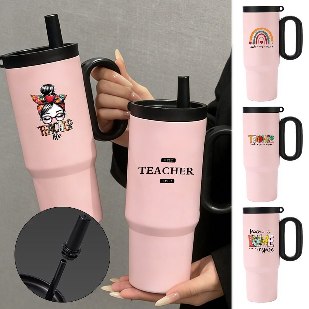 Teacher's Gift 750ml Insulated Cup With Handle & Straw,Stainless Steel Coffee & Tea Mug Hadiah Hari 