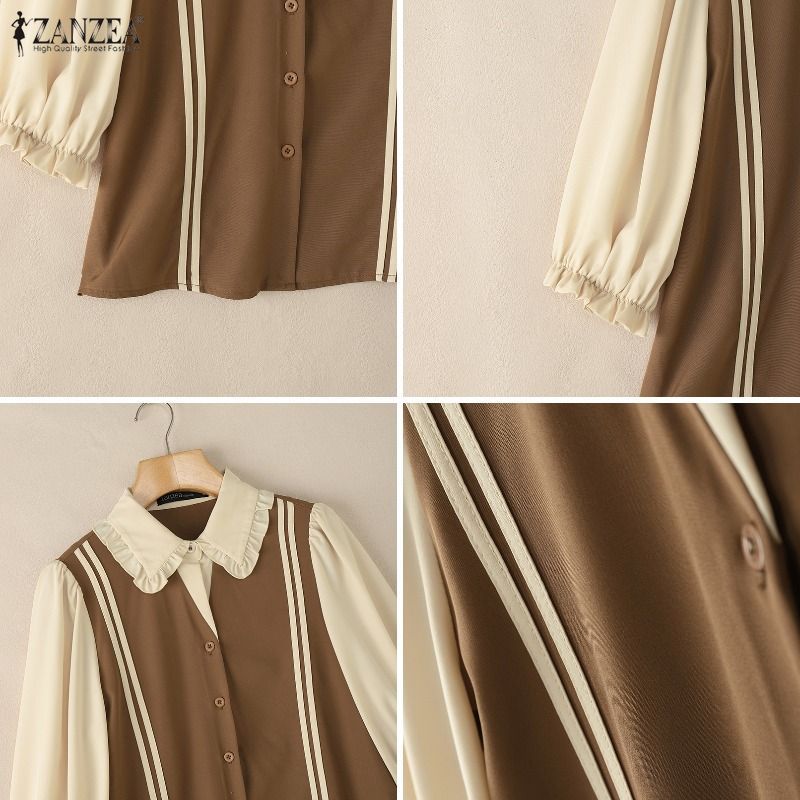 ZANZEA ชุดกระโปรงสไตล์เกาหลีสำหรับผู้หญิง ดีไซน์ตุ๊กตา แขนสั้น มีระบายและขอบข้อมือตัดกัน - รูปที่ 7