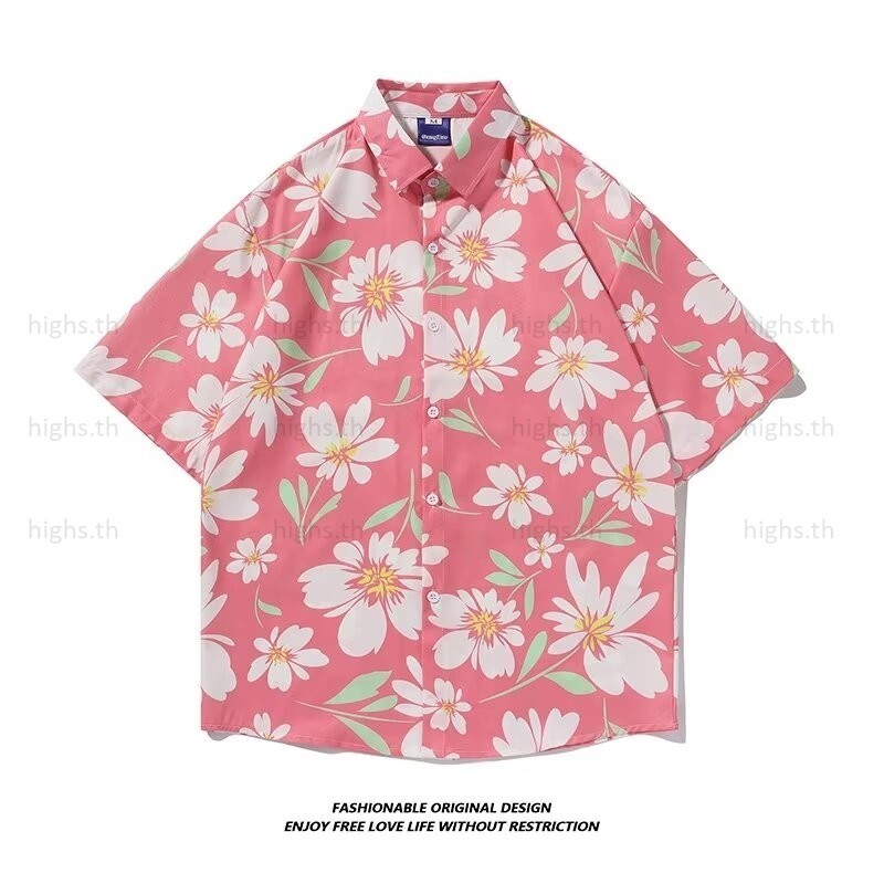 เสื้อเชิ้ตแขนสั้นลําลอง พิมพ์ลายดอกไม้ สีชมพู แฟชั่นฤดูร้อน สไตล์ฮาราจูกุ สําหรับผู้ชาย และผู้หญิง