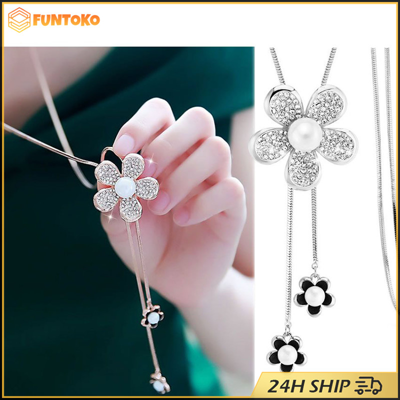 สินค้ามีคุณภาพ สร้อยคอโซ่ยาว เรียบง่าย จี้ดอกไม้ ของขวัญสําหรับผู้หญิง  เครื่องประดับ