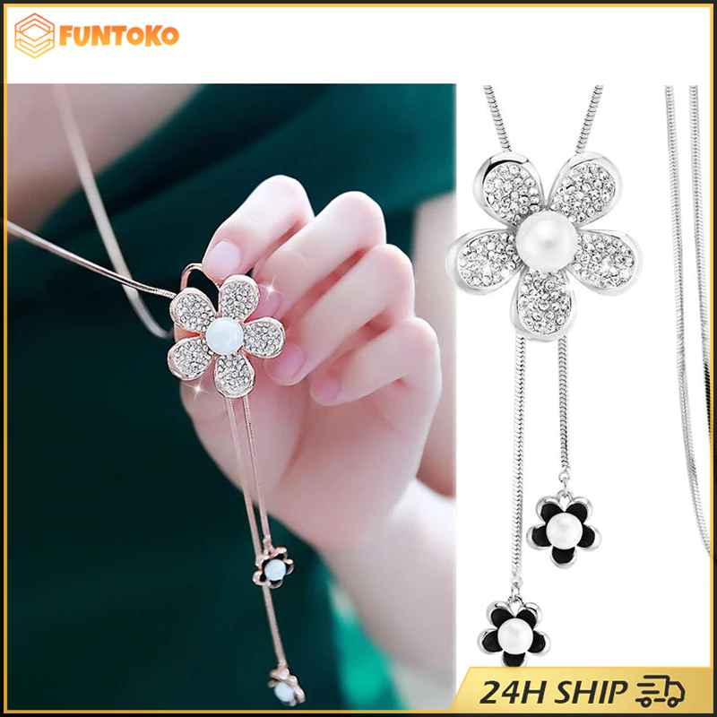 สินค้ามีคุณภาพ สร้อยคอโซ่ยาว เรียบง่าย จี้ดอกไม้ ของขวัญสําหรับผู้หญิง เครื่องประดับ