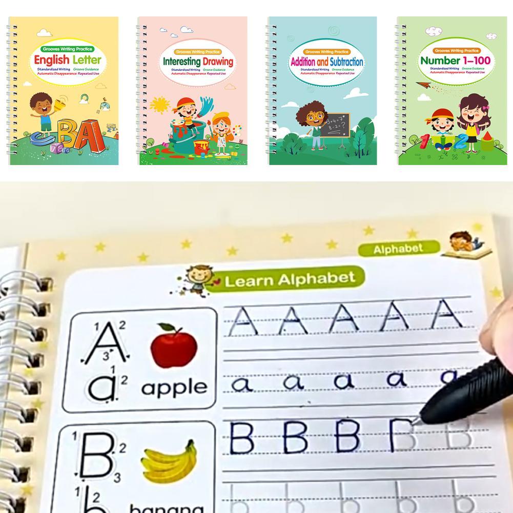 ชุดสมุดลอกแบบฝึกหัดเวทย์มนตร์ 4-in-1 สําหรับเด็กอายุ 3-5 หนังสือแบบคัดลายมือแบบใช้ซ้ําได้พร้อม O5C2
