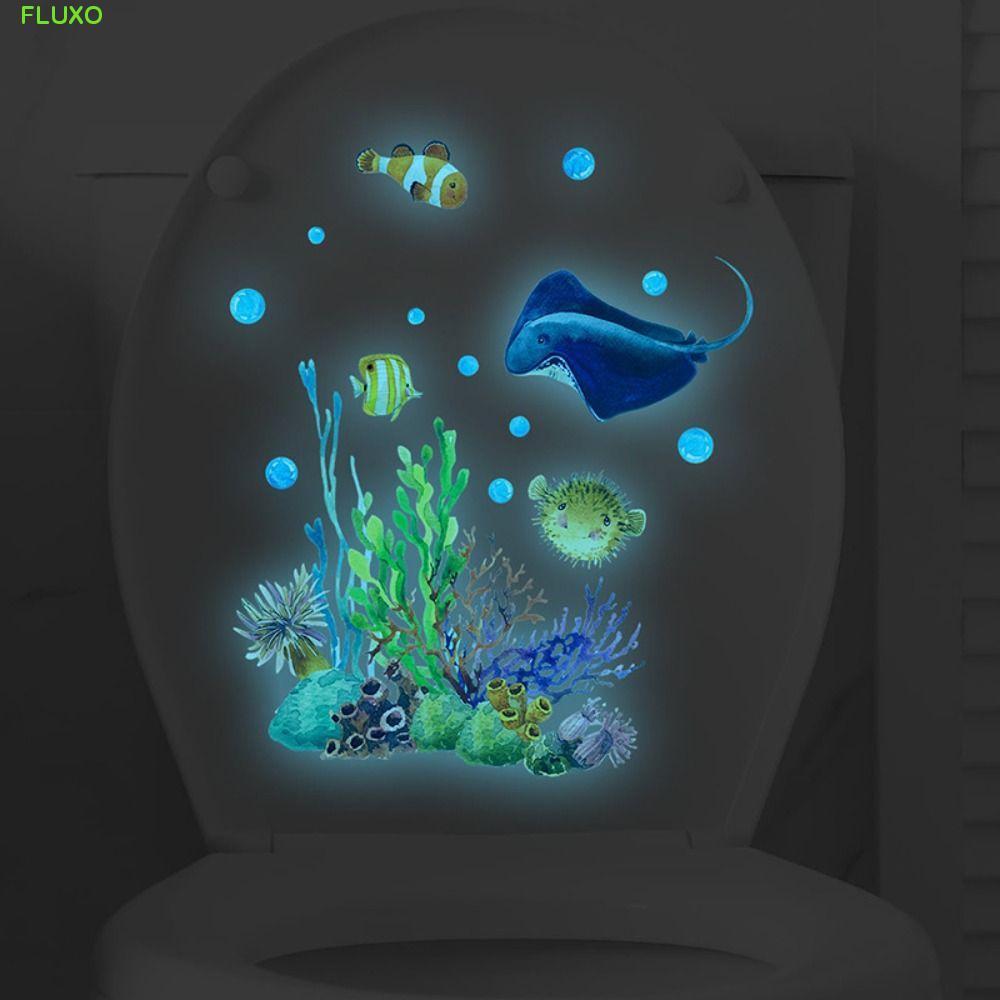 FLUXO สติ๊กเกอร์ติดห้องน้ํา เรืองแสงในที่มืด Undersea สัตว์ปลา Coral WC ฝาชักโครกรูปลอก, สติ๊กเกอร์ติดผนัง Luminous DIY Self-กาวห้องน้ําสติกเกอร์ Restroom