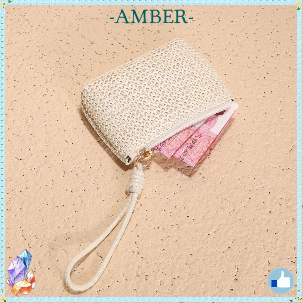 AMBER1FLLK Mini Wallet, Mini Straw Coin Purse, Zipper Change Pouch Women Girls