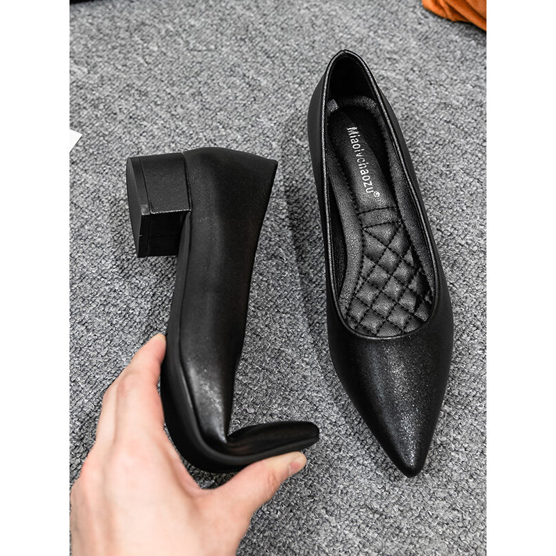 Fall 2020 Hotel Work Shoes Women's Black Mid Heel Formal Dress Stewardess Chunky Heel Single-Layer S