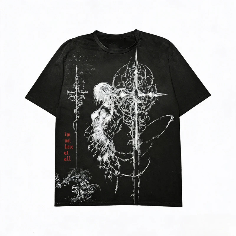 เสื้อยืดสไตล์ดาร์กสำหรับผู้หญิง Y2k Emo Girl ลายพิมพ์ "I'm Not Here At All" เสื้อแขนสั้นสไตล์กอธิคพังก์ เสื้อท็อปส์แนวเด