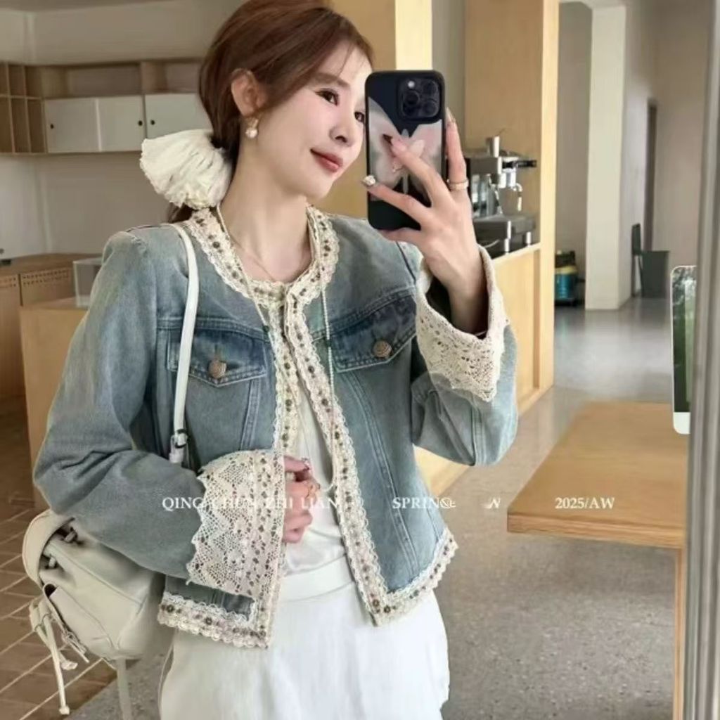 เกาหลี เกาหลี 20262025ปี All-Match เสื้อแจ็คเก็ตสไตล์ใหม่รอบคอลูกไม้ฤดูใบไม้ผลิเย็บแจ็คเก็ตยีนส์สั้น