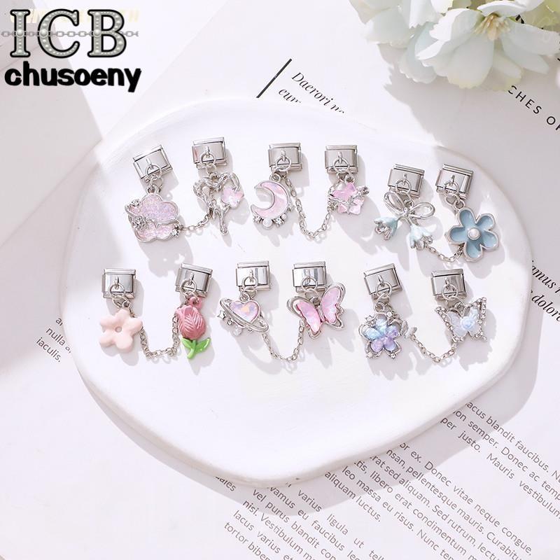 สร้อยข้อมือสีม่วง Charm Star แบบผีเสื้ออิตาเลียน สแตนเลส ขนาด 9 มม. เหมาะสำหรับ DIY และเป็นเครื่องประดับสไตล์เรโทร