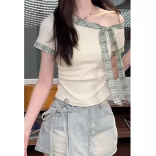 Veewink เสื้อยืดลายทางผูกเชือก โบว์น่ารัก แขนสั้น ทรงเข้ารูป ลดน้ำหนัก สไตล์หวาน สุภาพ ดีไซน์เก๋!