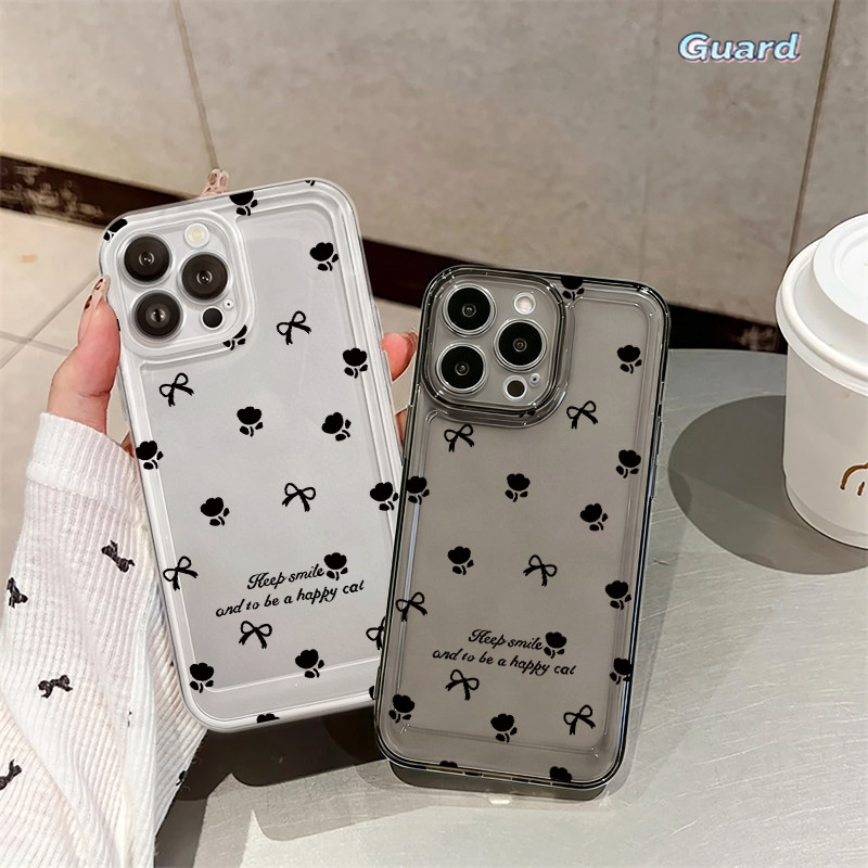 สีดําดอกไม้โบว์สําหรับiPhone 11 12 13 14 15 16 Pro X XR XS Max 7Plus 8Plusโปร่งใส-GD