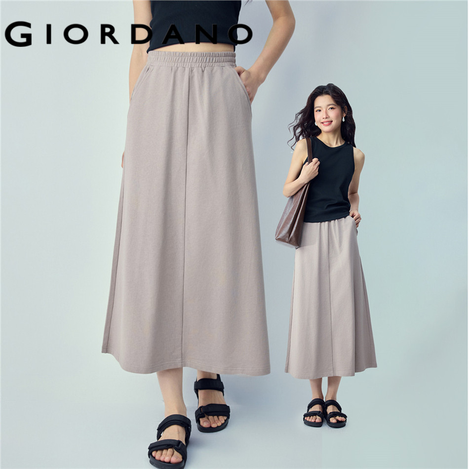 GIORDANO WOMEN 100% Cotton middle seam elastic waist midi skirt 13466223