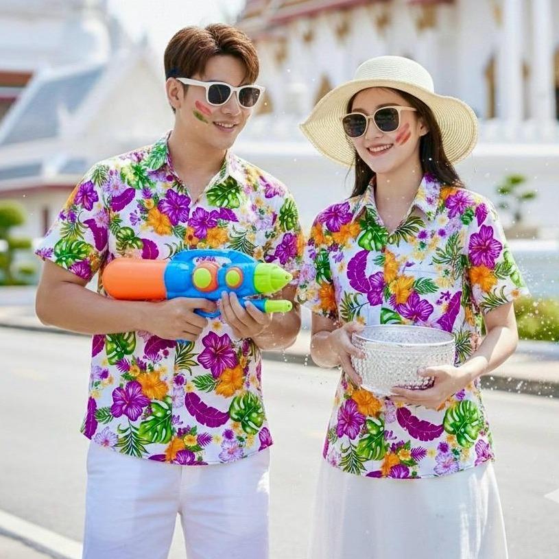 028เสื้อเชิ้ตลายดอก ผ้าคอตตอน100% สีไม่ตก ผ้าไม่หดทลายคมชัด มีไซส์หญิงชาย34-56นิ้ว งานไทย ส่งจากไทย**1ตัว