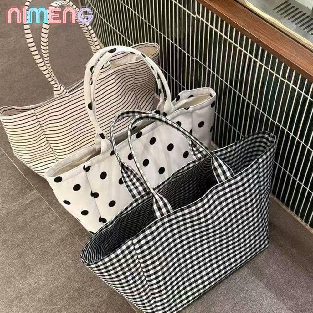 NIKENG กระเป๋าผ้าแคนวาส ลาย Dot Print Stripes Print Polka Dot Bag, Lazy Style Large Capacity Canvas Material Check Print กระเป๋าโท้ตความจุขนาดใหญ่ ใช้ทุกวัน