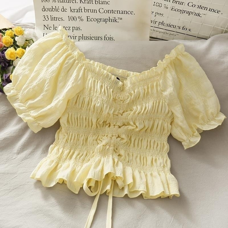 French Line Shoulder Floral Top Slim Lace-up Puffy Sleeve Shirt