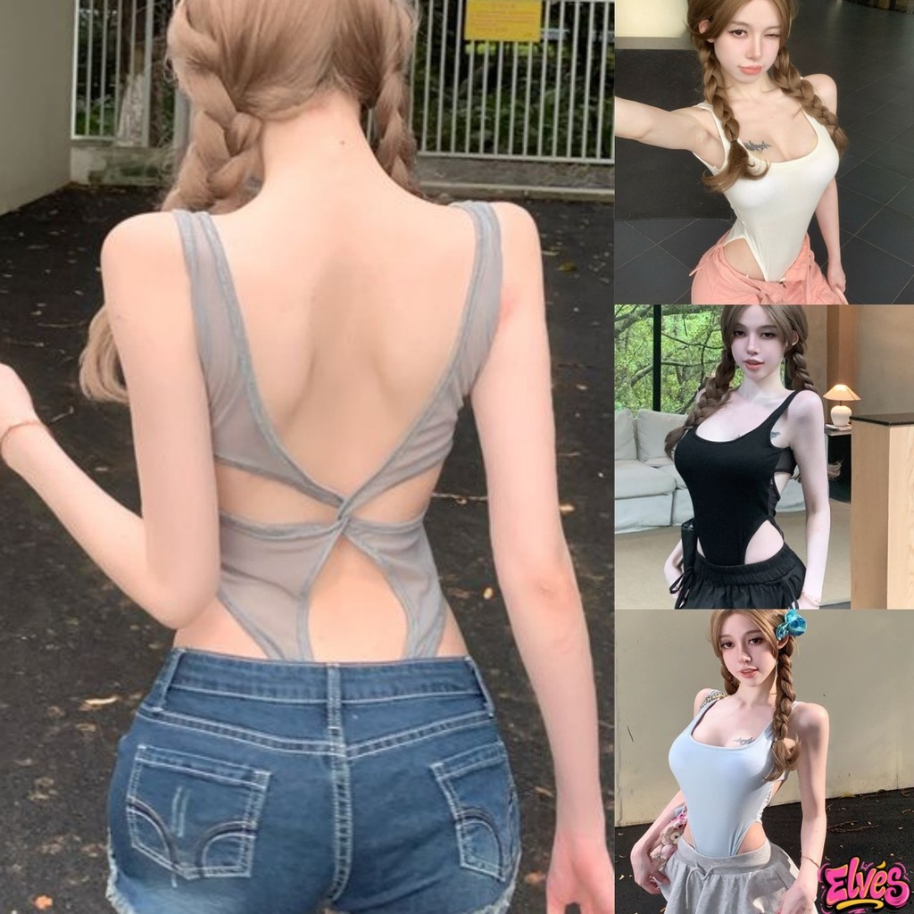 Elves พร้อมส่ง💟 ชุดบอดี้สูท ดีเทลซีทรูเว้าหลัง ยืดพิดีสีพาสเทล เข้ารูป เซ็กซี่"FY940"