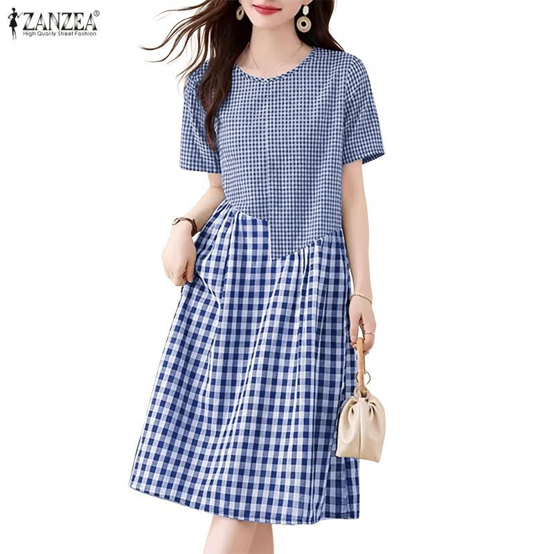 ZANZEA ชุดเดรสคอกลมแขนสั้น สไตล์.oruk.gwa.thao.ti สำหรับผู้หญิง ดีไซน์ Korean พร้อมลายตารางหมากรุกและPatchwork ทรงA-Lines