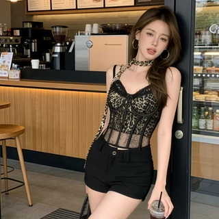 JJ Shop​💜พร้อมส่ง เสื้อสายเดี่ยวผู้หญิงแฟชั่นลายเสือดาวเซ็กซี่ แขนกุด ลูกไม้ ผ้าเบาบาง-FY3013
