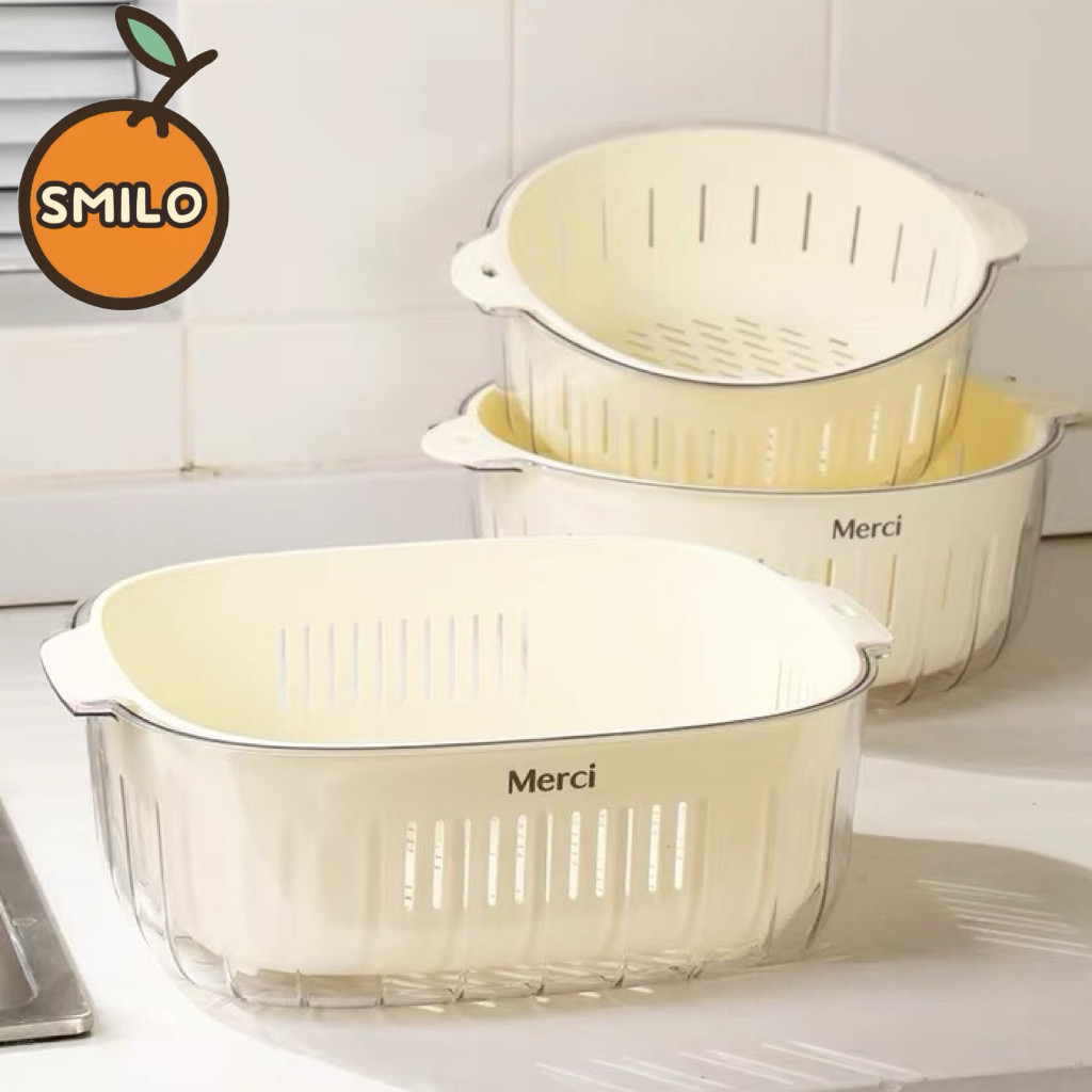 SMILO ตะกร้าล้างผักพร้อมอ่างรองน้ำ แบบสองชั้น โปร่งใส สีครีม ดีไซน์เรียบ ใช้งานสะดวก