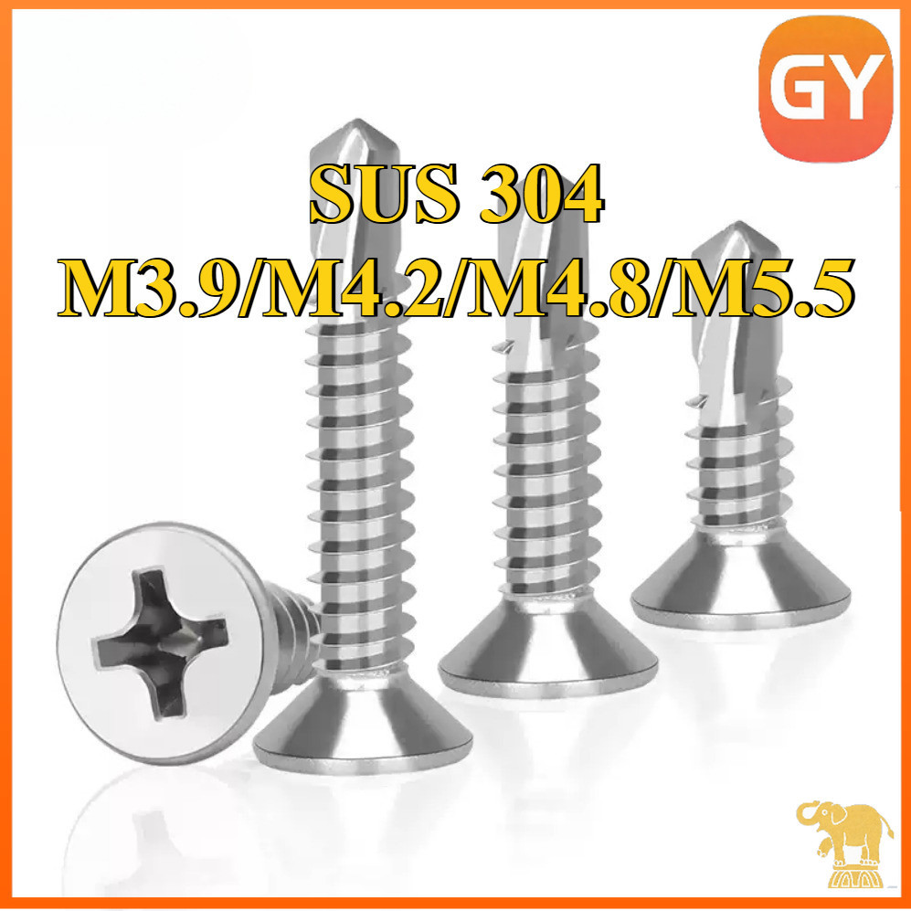 น็อต สกรู หัวเตเปอร์ แฉกF+ สเตนเลส 304 ปลายสว่าน M3.9 M4.2 M4.8 M5.5 / Flat Head Phillip Self Drilli