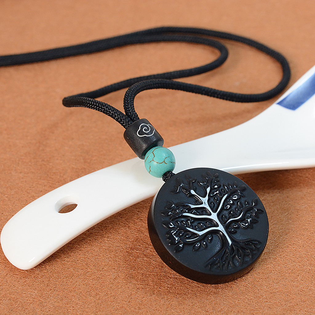ธรรมชาติ Obsidian Tree of Life สร้อยคอจี้ Healing คริสตัล Guardian จี้หยกด้านนอก Turquoise จี้ 4GCC