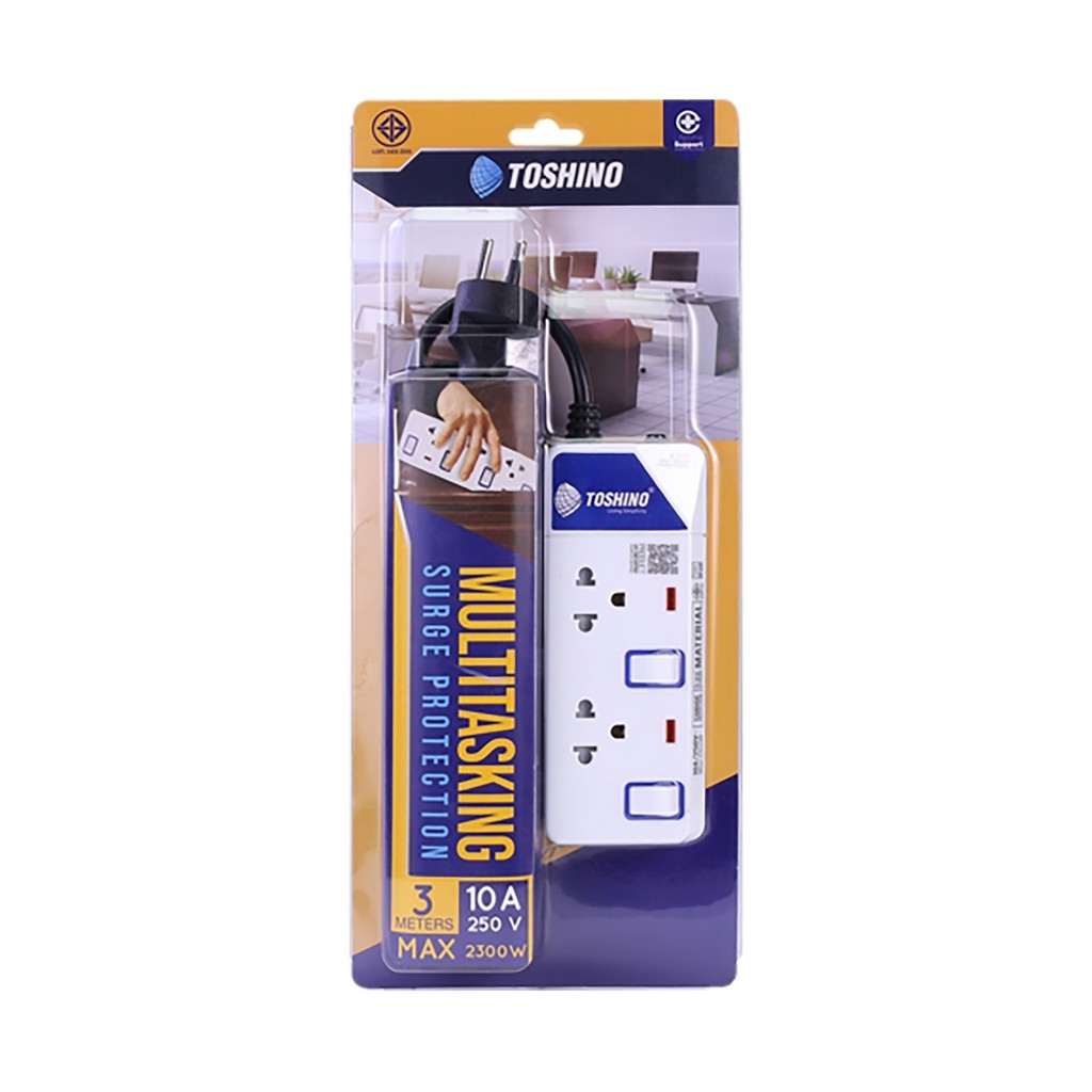 TOSHINO ปลั๊กพ่วง 2 ช่อง 2 สวิตช์ สายไฟยาว 3 เมตร 10 แอมป์ รุ่น ET-912 สาย VCT 3X0.75 S.qm มาตรฐาน ม