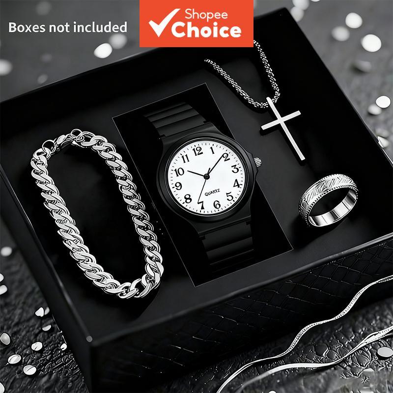 นาฬิกาดิจิตอลควอตซ์ สําหรับผู้ชาย ชุดเครื่องประดับ 4-ใน-1 - สร้อยคอ, สร้อยข้อมือ, ชุดแหวน - ของขวัญในอุดมคติแฟชั่นทุกวันอุปก