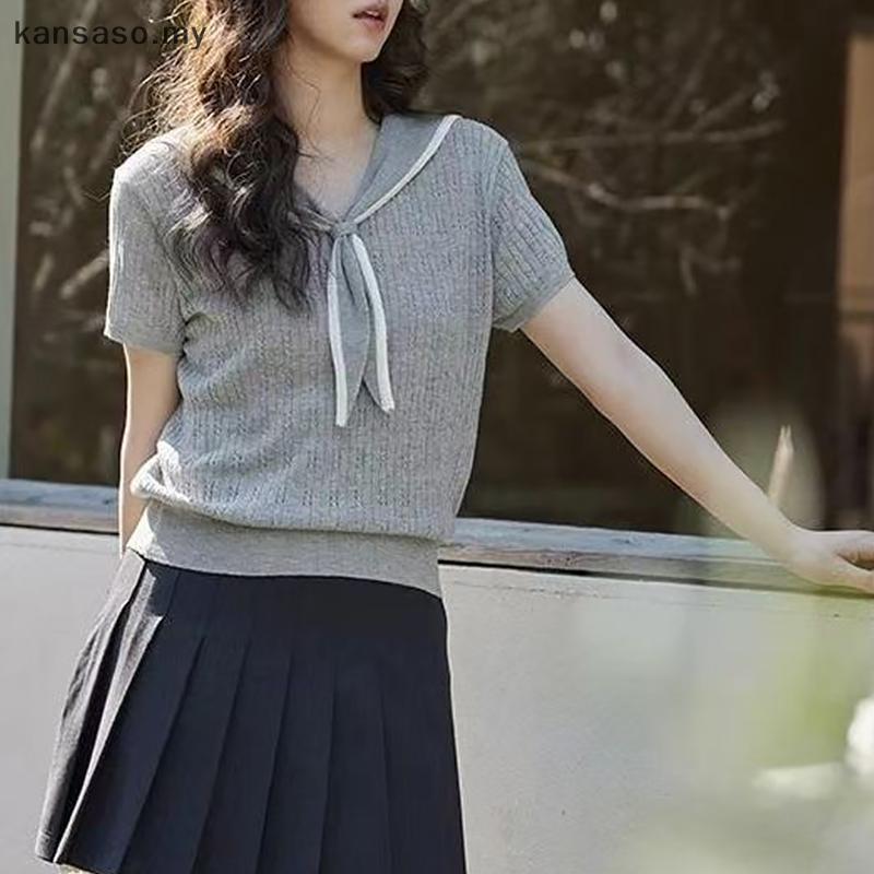 [KSA] เกาหลีสีคมชัดกองทัพเรือคอปกแขนสั้นอเนกประสงค์ลําลองถักด้านบนสไตล์วิทยาลัยสําหรับผู้หญิง [ของฉั