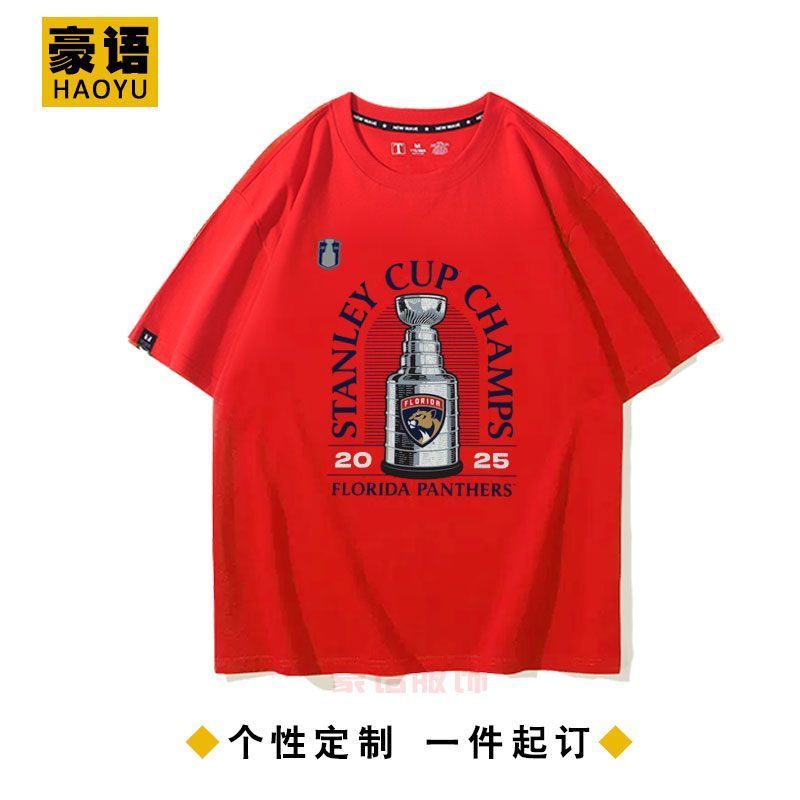 เสื้อยืดแขนสั้น NHL Stanley Cup Champion Florida Panthers สำหรับทั้งผู้ชายและผู้หญิง ผลิตจากเนื้อผ้า