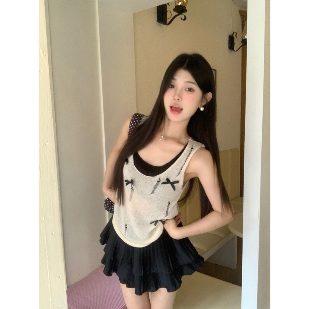 Color-block Butterfly Hollow-out Faux Two-piece Strap Knit Top Summer Shirt