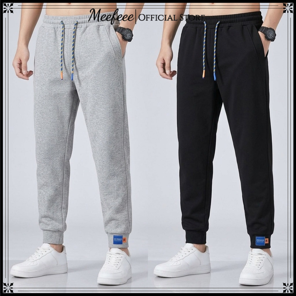 MEFEEE กางเกงขายาวลำลองผู้ชาย เนื้อผ้ายืดหยุ่น สวมใส่สบาย ทรงเข้ารูป ใส่เล่นกีฬาและออกกำลังกายได้ สีดำและเทา พร้อมส่ง