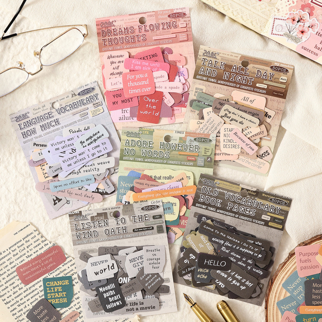 Journamm 50 ชิ้นสติกเกอร์คํากระดาษสมุดภาพสติกเกอร์ Vintage Words Journaing สติกเกอร์สําหรับการ์ดทําสมุดภาพวัสดุหัตถกรรมทุกวัน Planner