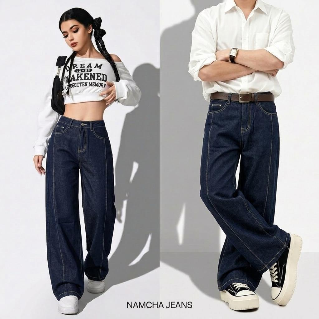 NAMCHA กางเกงยีนส์ทรงกระบอกกลาง กางเกงยีนส์ทรงกระบอกกลางเอวสูง 2365