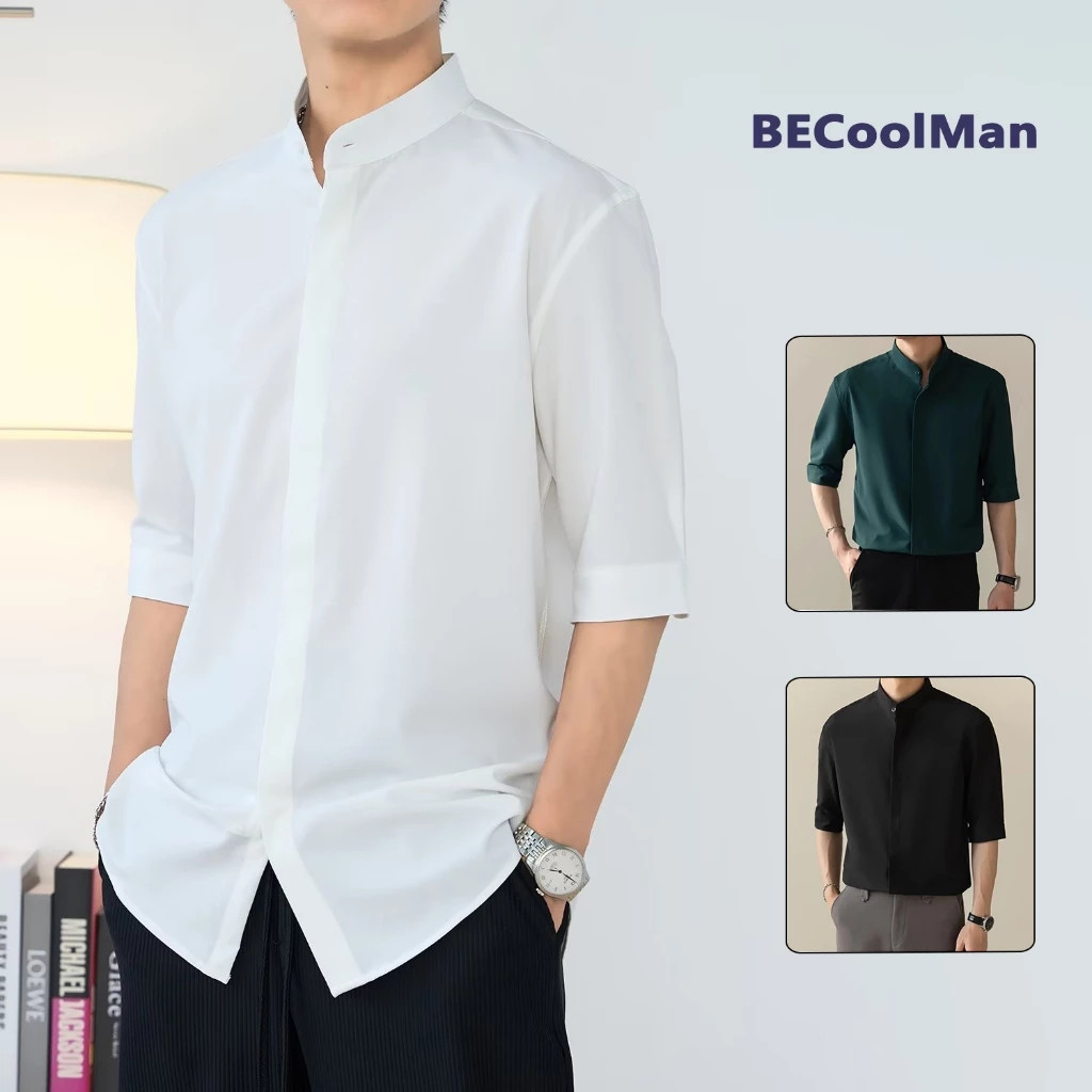 แขนสั้นคอจีนแขนสั้นผู้ชายผ้าเสื้อนุ่มและสะดวกสบายโดยไม่ต้องรีดผ้า