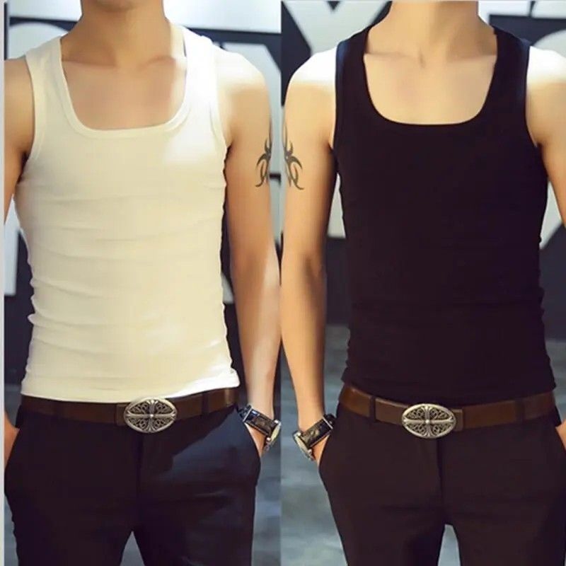 Youth Mens Square Neck Vest Square Skinny U-Shaped Mens Vest U-Neck Slim-Fit Stretch Bottoming เสื้อฤดูร้อน 3.16
