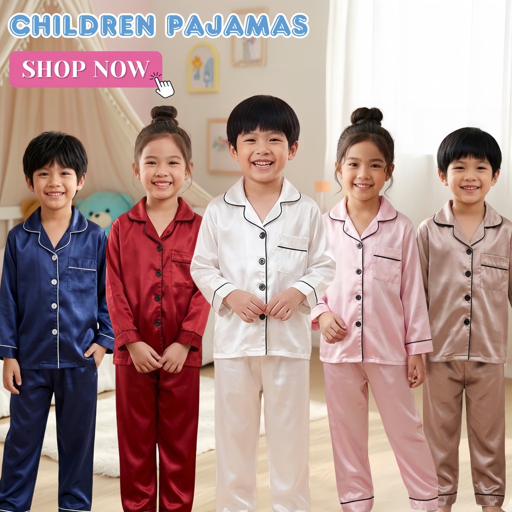 CHILDREN PAJAMAS ชุดนอนเด็กผ้าซาติน แขนยาวขายาว เสื้อผ้าเด็ก พร้อมส่ง ชุดนอนเด็ก 😴💗 ส่วนสูง 100-160 CM E056