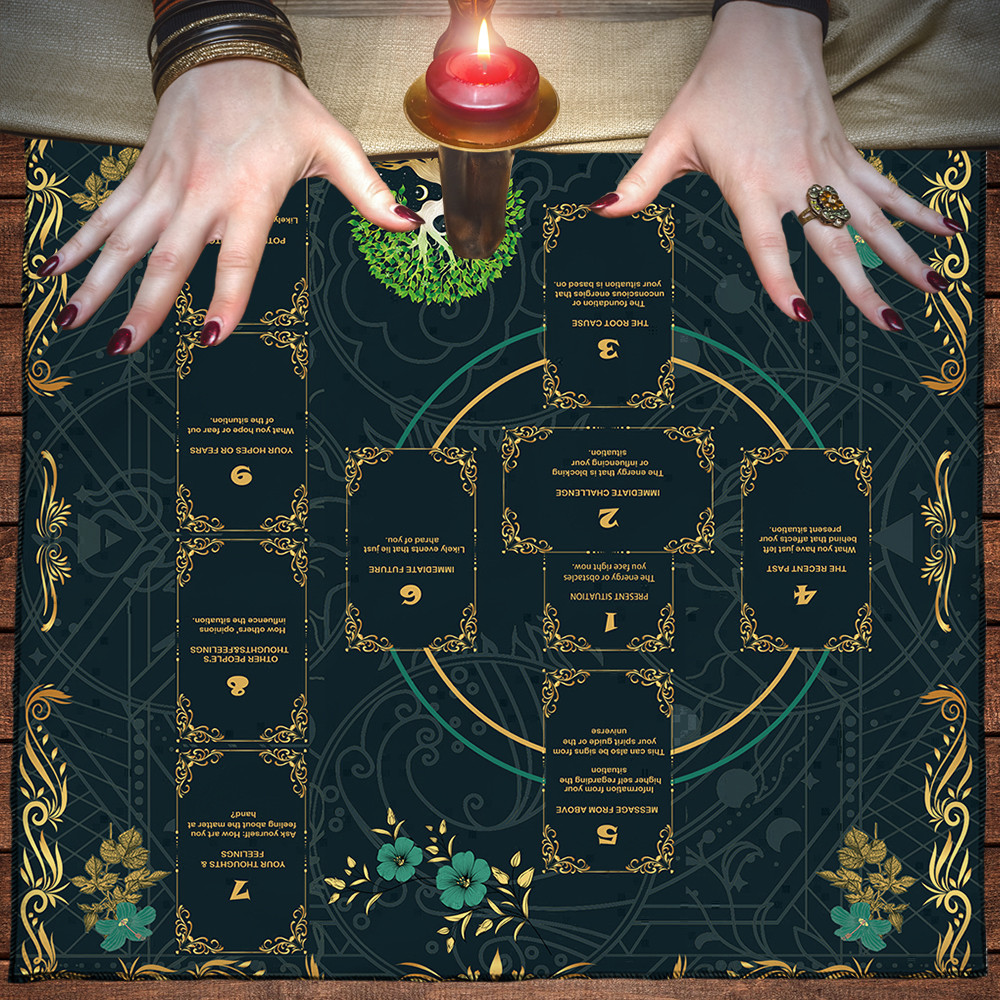Green Tree Of Life Celtic Cross Tarot Card ผ้าปูโต๊ะแท่นบูชาผ้า Pagan Pendulum Witchcraft Astrology 
