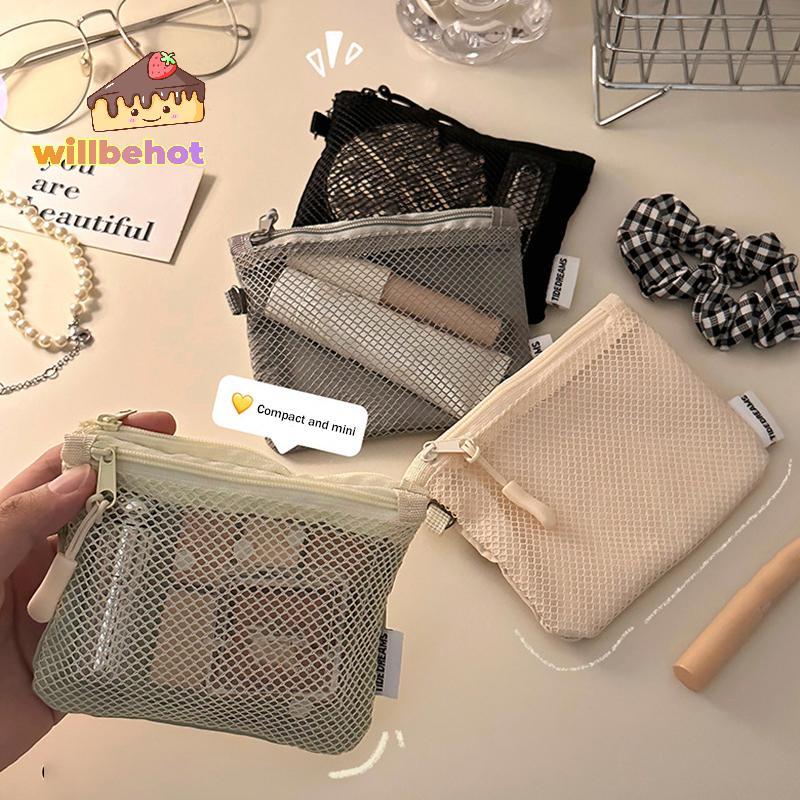 [Willbehot-t] New Travel Makeup Storage Bags กระเป๋าใส่เหรียญตาข่าย Simple Portable Mini Bag Multi-purpose Square Bag Double-layer Zipper Card Holder [ใหม่]