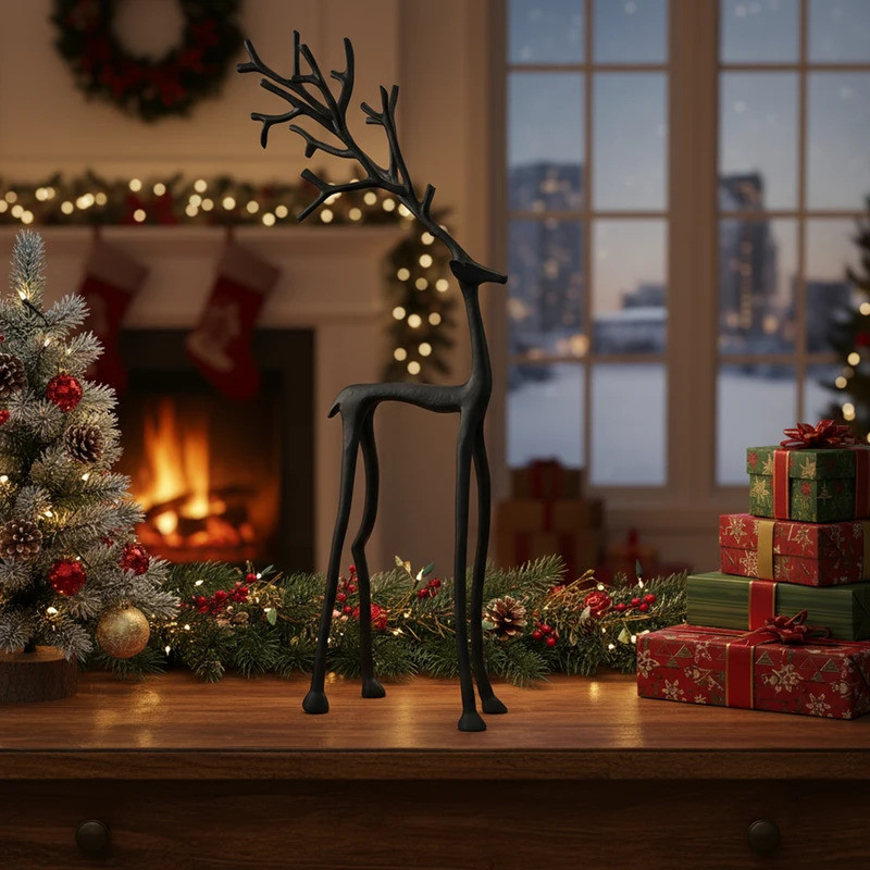 Black Alloy Reindeer รูปปั้นคริสต์มาส Reindeer รูปประติมากรรม Reindeer ประติมากรรมสําหรับห้องนั่งเล่
