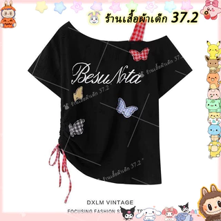 สาวใหญ่แขนสั้นเสื้อผ้า (110-170 ขนาด) สาวสไตล์อเมริกันผีเสื้อพิมพ์ไหล่เอียงแขนสั้นเสื้อยืดฤดูร้อนกลาง-เด็กใหญ่ผิดปกติสบายๆแฟชั่นด้านบน