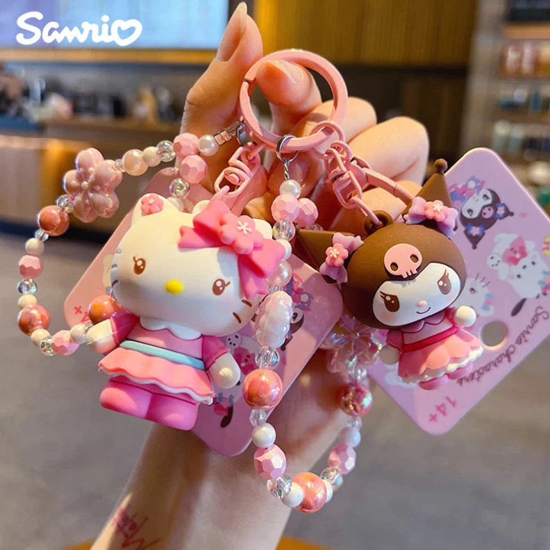 ของแท้ Sanrio Sparkling Cherry Blossom พวงกุญแจลูกปัดการ์ตูน Kuromi ตุ๊กตาจี้ของขวัญขนาดเล็ก