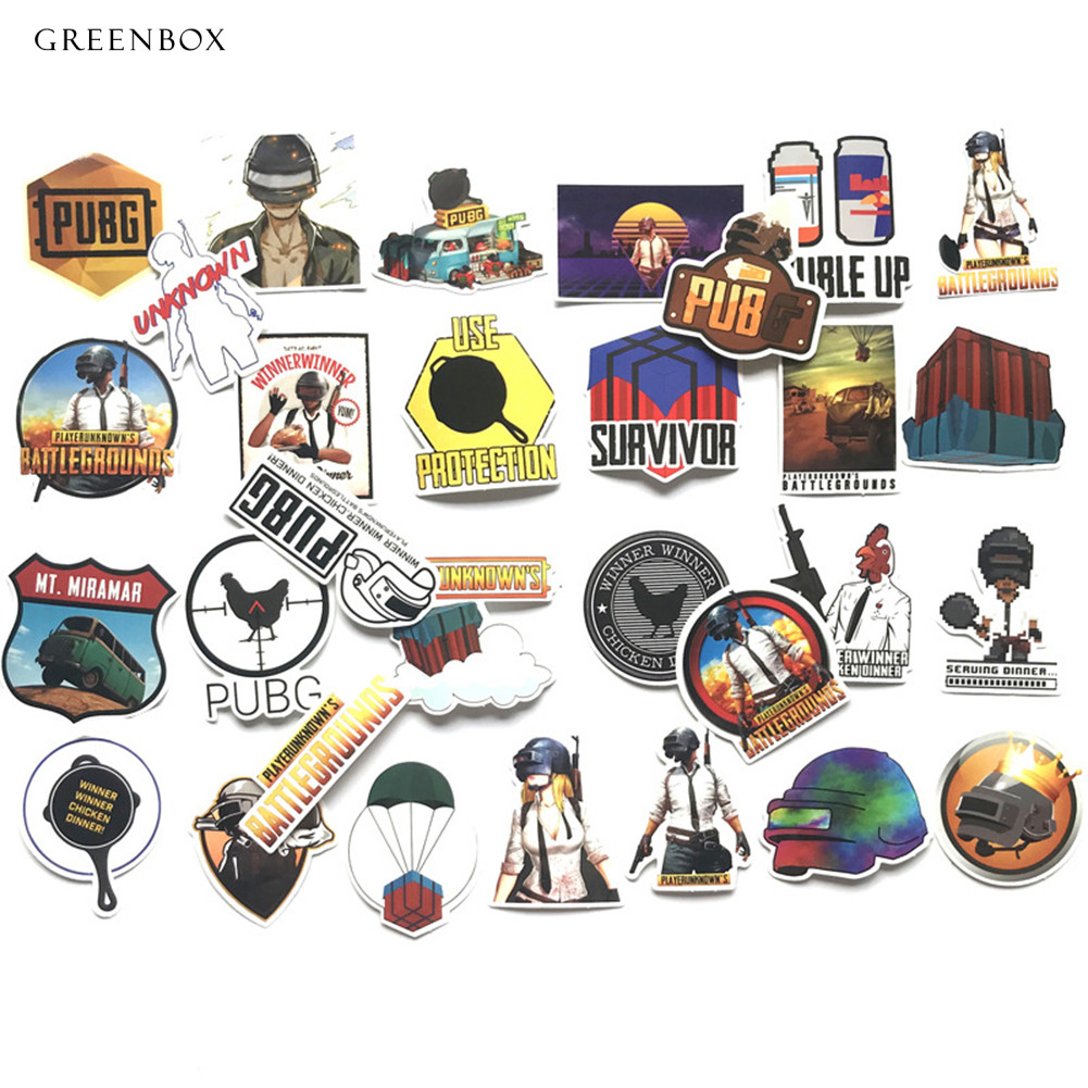 Greenbox 29 ชิ้น PUBG Battlegrounds PVC กระเป๋ากันน้ําสเก็ตบอร์ดรถ Graffiti สติกเกอร์