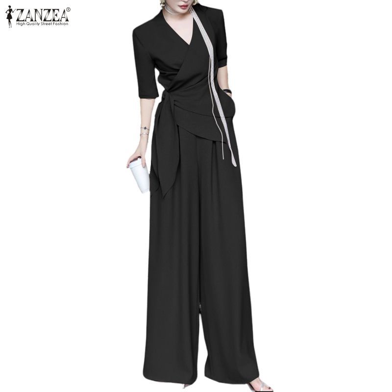 ZANZEA ชุดทำงานสำหรับผู้หญิงสไตล์เกาหลี เอLEGANT คอวีแขนพอง ทิ้ดยัว ขากว้าง สองชิ้น