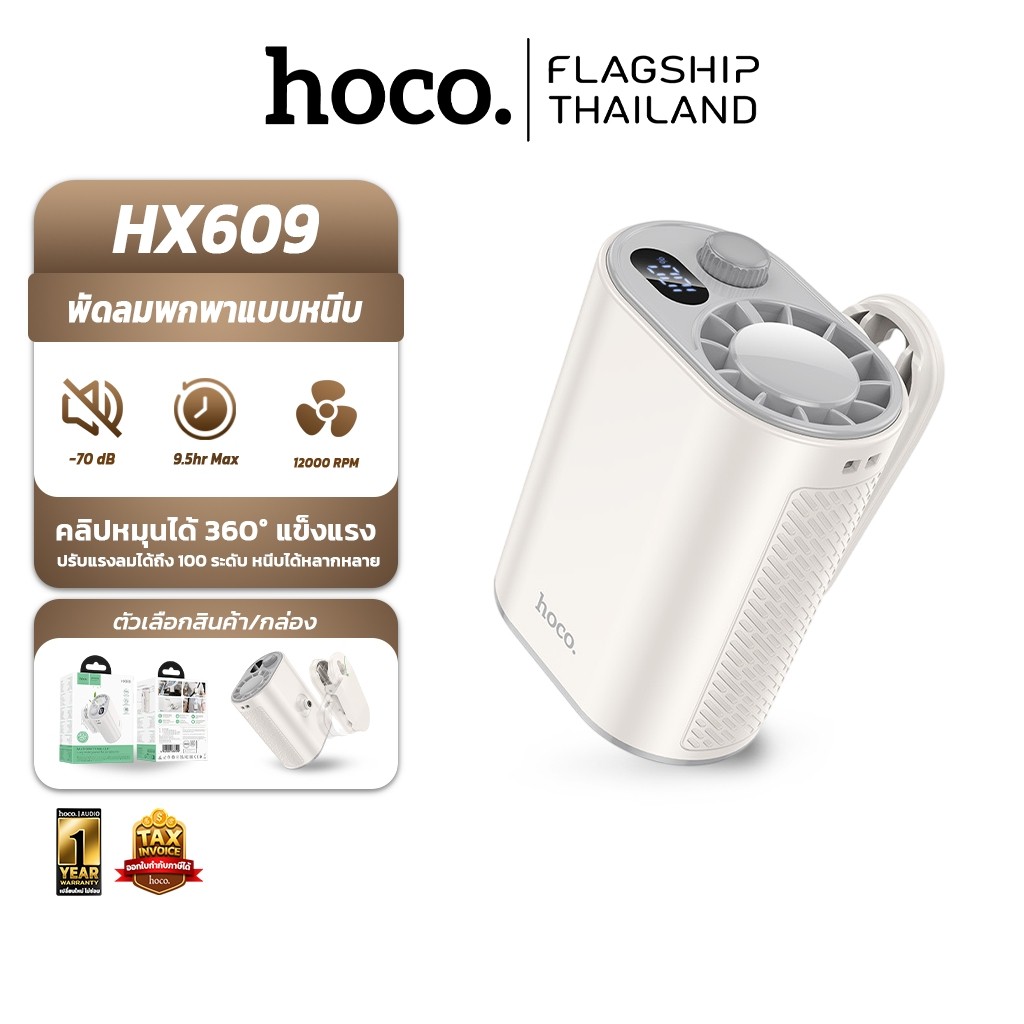 HOCO HX609 พัดลมพกพาแบบหนีบ คลิปหมุนได้ 360° ลมแรง แบตอึด 9.5 ชม. พร้อมหน้าจอ LED พัดลมหนีบเอว hc6