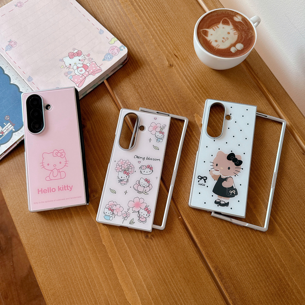 ความรู้สึกน้ำแข็ง กระจกนิรภัย เคส Samsung Galaxy Z Fold 8 Ultra 7 6 Case น่ารัก การ์ตูน Hello Kitty พลิกปก เคส
