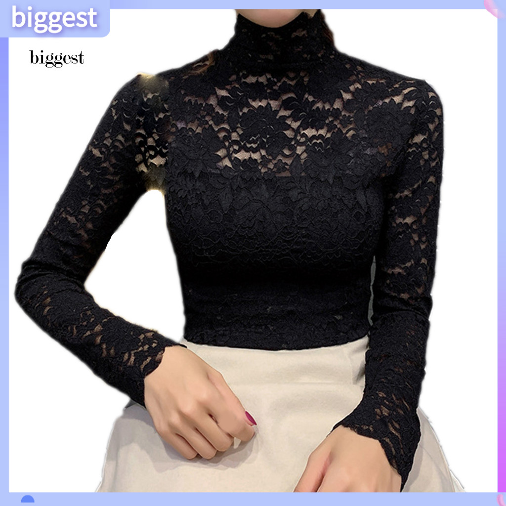 BGT ผู้หญิงที่สง่างามเต่าคอแขนยาวดอกไม้ลูกไม้เสื้อด้านบนเสื้อยืดฐานบาง