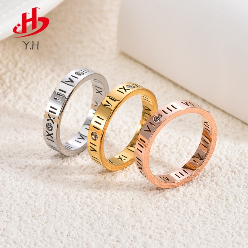 Y.H 316L โรมัน เพชร สีทอง 18K แหวนสแตนเลส