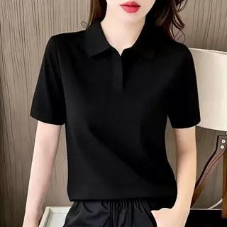 【จัดส่งจากกรุงเทพฯภายใน 24 ชั่วโมง】เสื้อโปโลสีดำสำหรับผู้หญิงสไตล์ออฟฟิศ | สภาพเรียบง่ายไม่ยุ่งยาก + ลาย“Hi there”ชิค เห