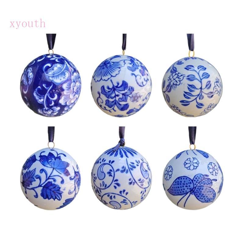 XY 6 ชิ้นคริสต์มาส Porcelain 2 4 นิ้วสีฟ้าและสีขาวเครื่องประดับจํานวนมากแขวนตกแต่งเซรามิคตกแต่งสําหร